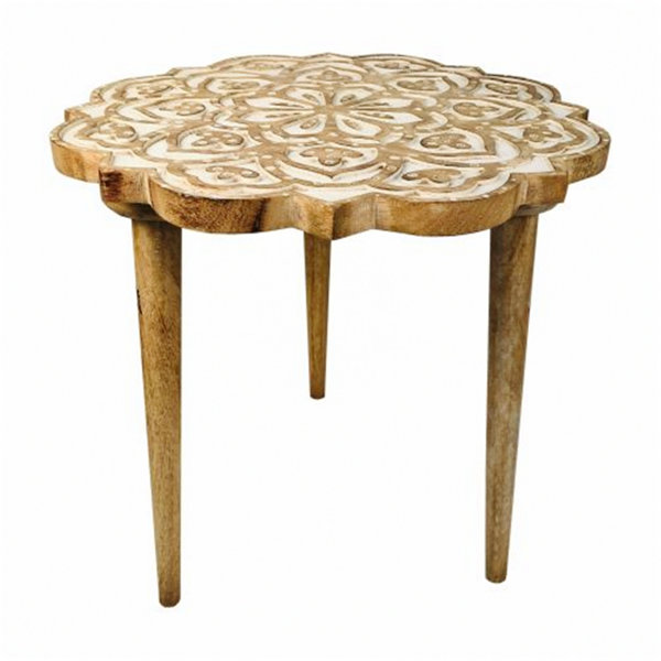 Millwood Pines Handcrafted Mango Wood Side End Table With Floral Carved